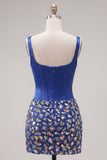 Sparkly Corset Beaded Mirror Dark Blue Tight Short Homecoming Dress