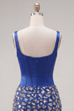 Sparkly Corset Beaded Mirror Dark Blue Tight Short Homecoming Dress