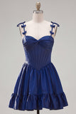 Navy Ruffled A-Line Short Corset Homecoming Dress with Bows