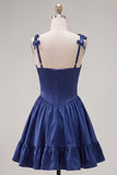 Navy Ruffled A-Line Short Corset Homecoming Dress with Bows