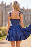 Navy Ruffled A-Line Short Corset Homecoming Dress with Bows
