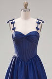 Navy Ruffled A-Line Short Corset Homecoming Dress with Bows