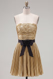 Golden Metallic Pleated A-Line Short Homecoming Dress with Bow