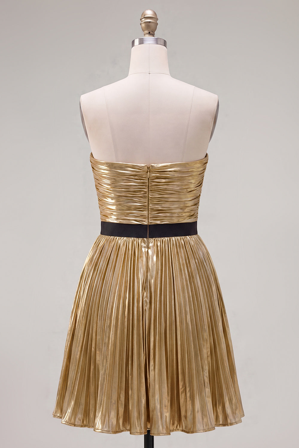 Golden Metallic Pleated A-Line Short Homecoming Dress with Bow