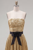 Golden Metallic Pleated A-Line Short Homecoming Dress with Bow
