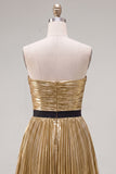 Golden Metallic Pleated A-Line Short Homecoming Dress with Bow