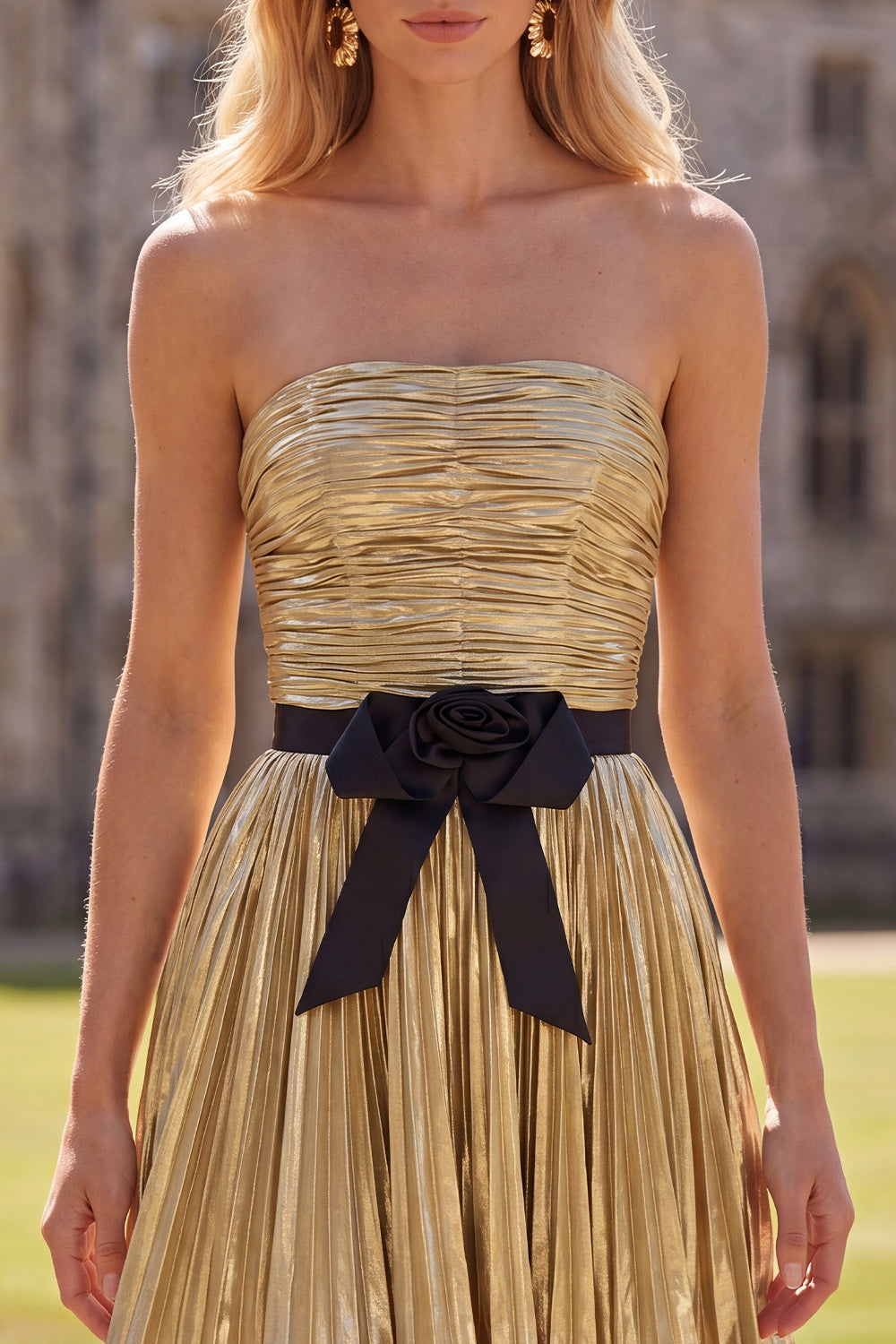 Golden Metallic Pleated A-Line Short Homecoming Dress with Bow