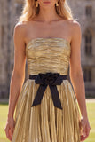 Golden Metallic Pleated A-Line Short Homecoming Dress with Bow