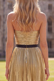Golden Metallic Pleated A-Line Short Homecoming Dress with Bow