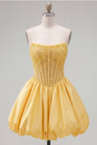 Yellow Strapless Beaded A-Line Short Corset Homecoming Dress