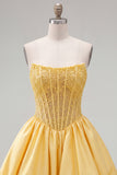 Yellow Strapless Beaded A-Line Short Corset Homecoming Dress