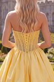 Yellow Strapless Beaded A-Line Short Corset Homecoming Dress