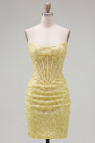 Sparkly Corset Yellow Sequin Tight Short Homecoming Dress
