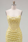 Sparkly Corset Yellow Sequin Tight Short Homecoming Dress