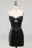 Sparkly Black Beaded Keyhole Corset Tight Short Homecoming Dress