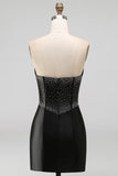 Sparkly Black Beaded Keyhole Corset Tight Short Homecoming Dress