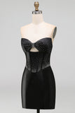 Sparkly Black Beaded Keyhole Corset Tight Short Homecoming Dress