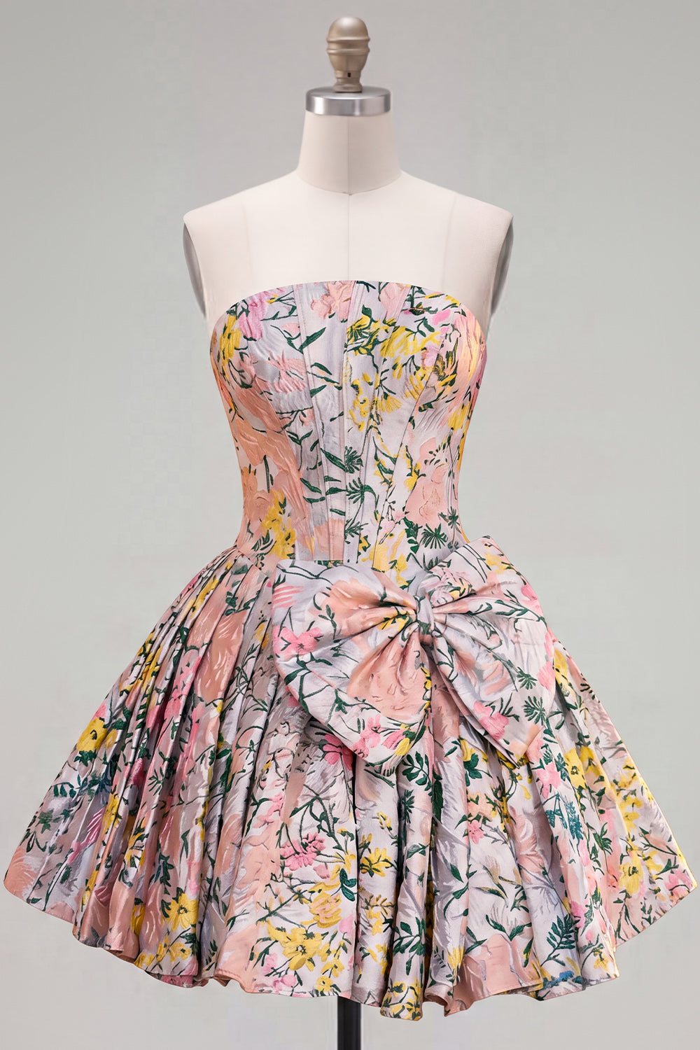Grey Jacquard Corset A-Line Short Homecoming Dress with Bow