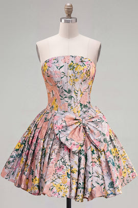Grey Jacquard Corset A-Line Short Homecoming Dress with Bow