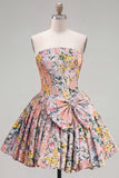 Grey Jacquard Corset A-Line Short Homecoming Dress with Bow