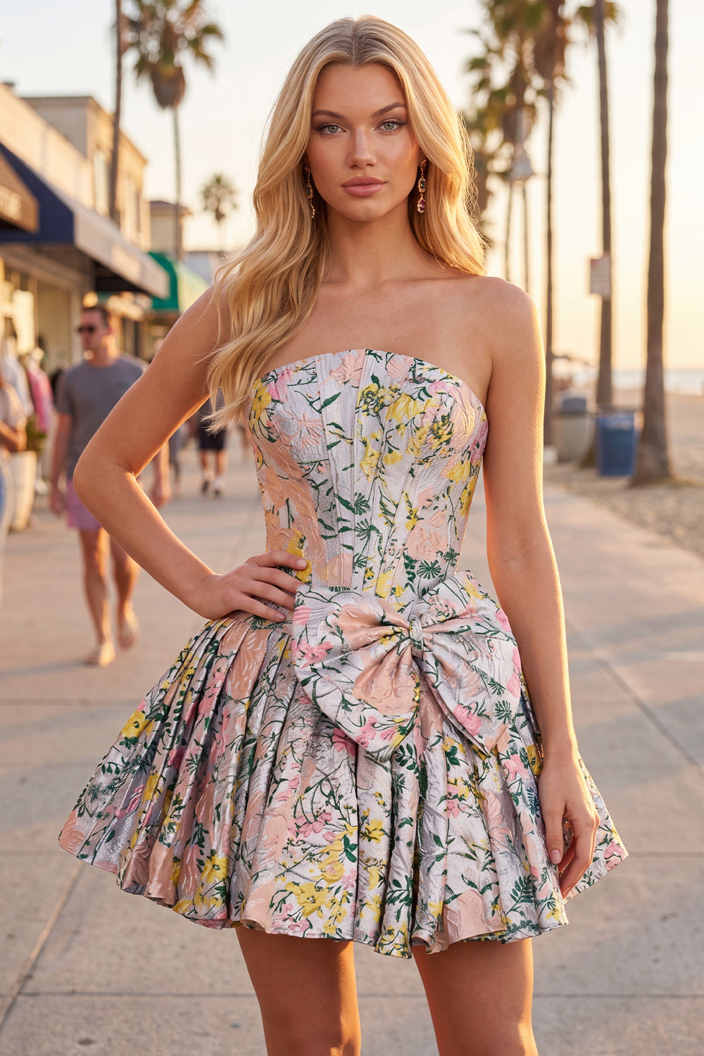 Grey Jacquard Corset A-Line Short Homecoming Dress with Bow