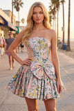 Grey Jacquard Corset A-Line Short Homecoming Dress with Bow