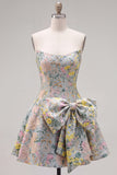 Grey Jacquard A-Line Short Corset Homecoming Dress with Bow