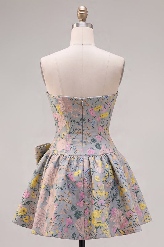 Grey Jacquard A-Line Short Corset Homecoming Dress with Bow