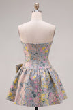 Grey Jacquard A-Line Short Corset Homecoming Dress with Bow