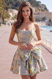 Grey Jacquard A-Line Short Corset Homecoming Dress with Bow