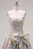 Grey Jacquard A-Line Short Corset Homecoming Dress with Bow