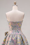 Grey Jacquard A-Line Short Corset Homecoming Dress with Bow