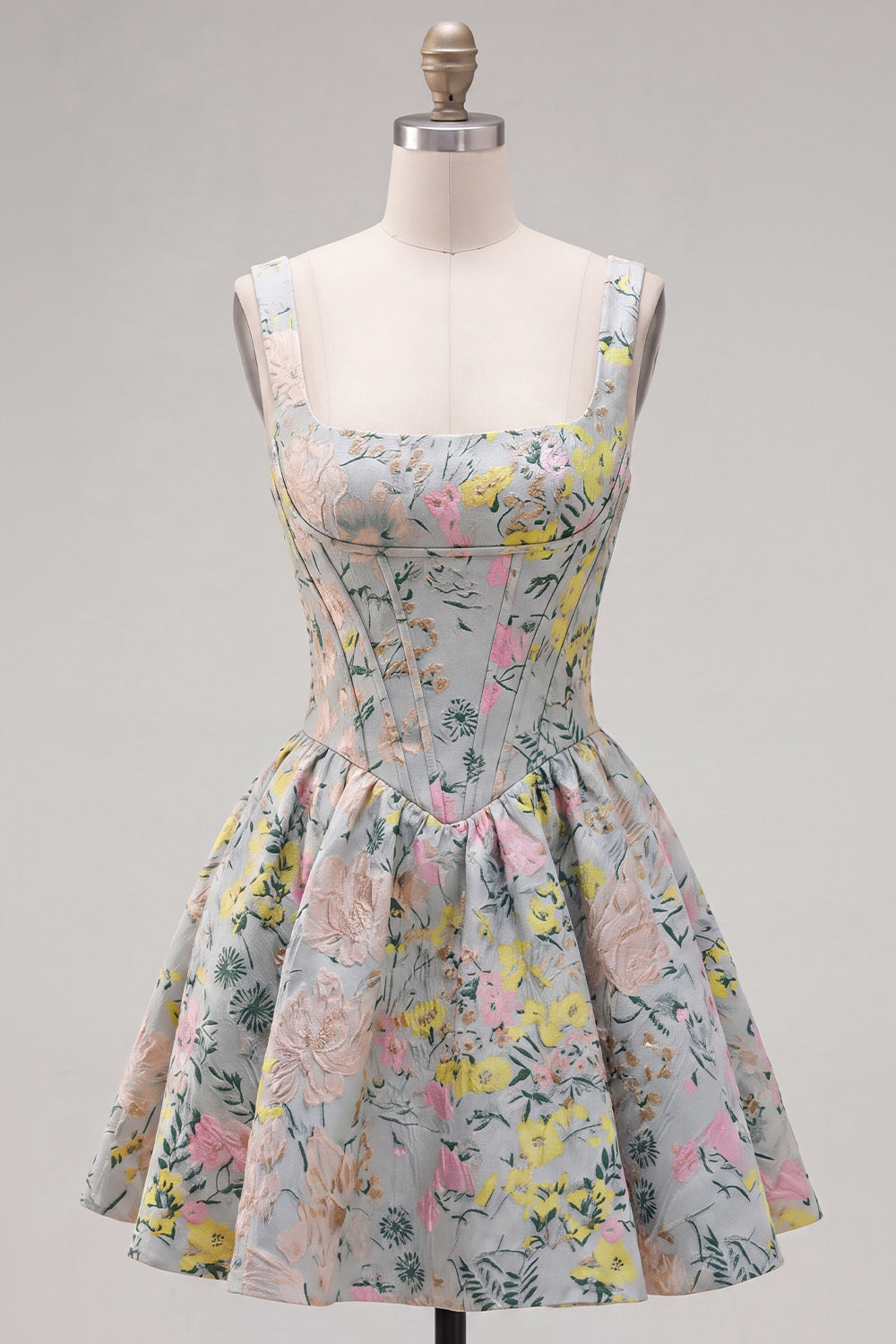 Grey Jacquard Square Neck A-Line Short Corset Homecoming Dress
