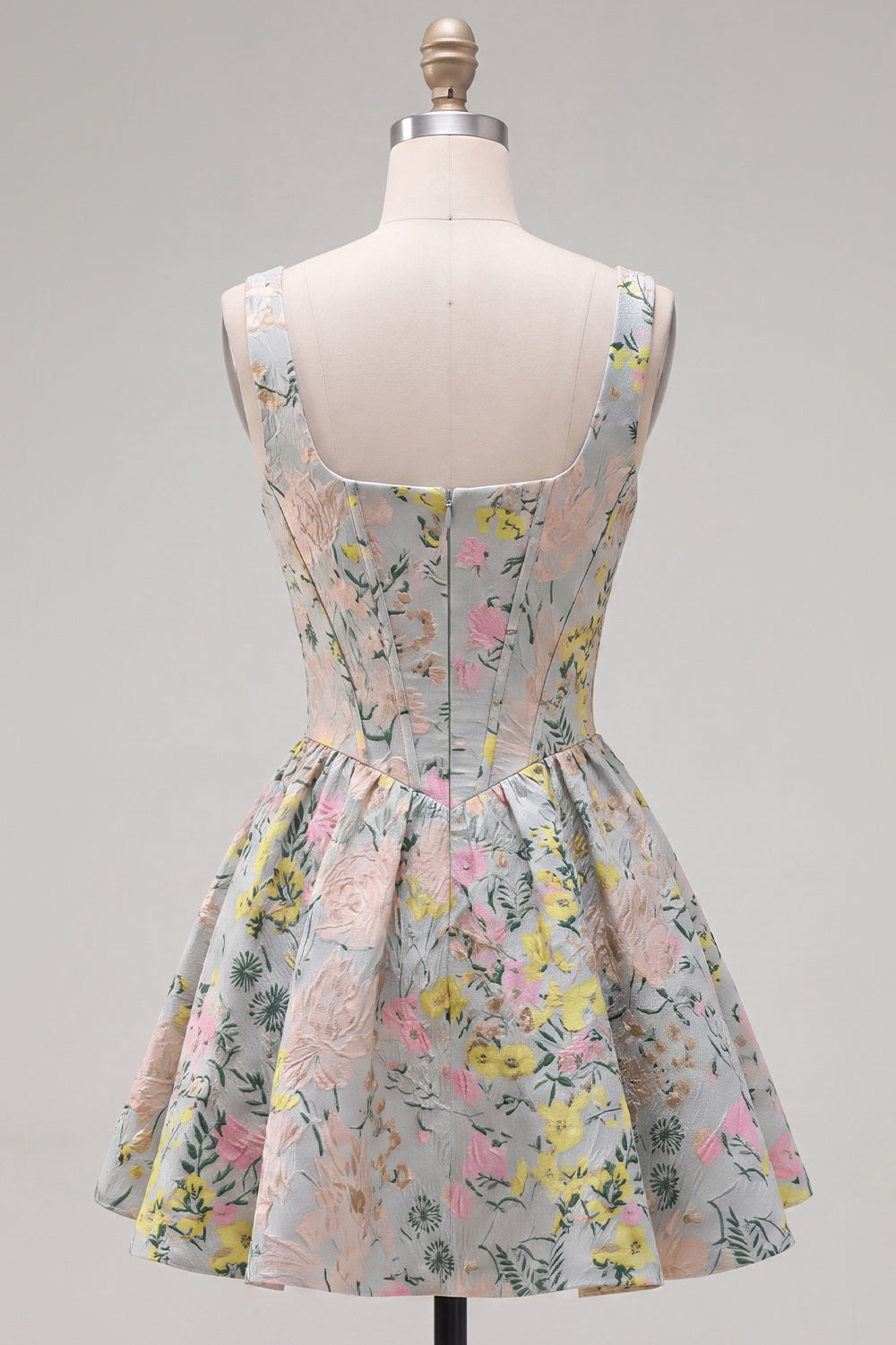 Grey Jacquard Square Neck A-Line Short Corset Homecoming Dress