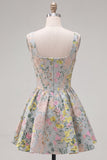 Grey Jacquard Square Neck A-Line Short Corset Homecoming Dress