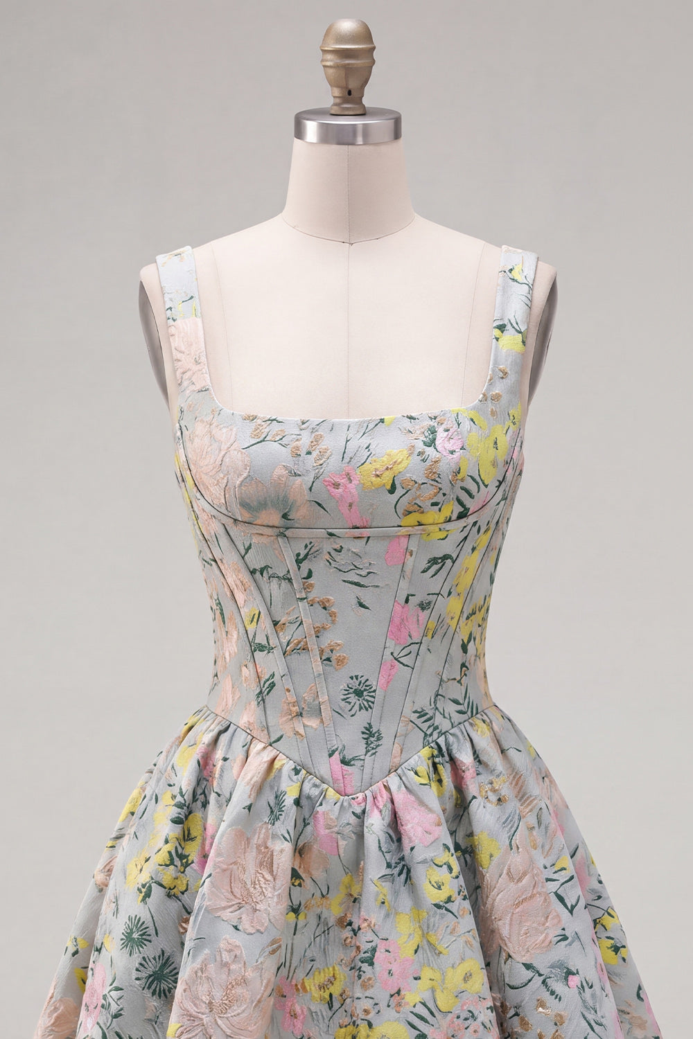 Grey Jacquard Square Neck A-Line Short Corset Homecoming Dress