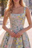 Grey Jacquard Square Neck A-Line Short Corset Homecoming Dress