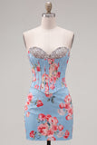 Floral Sparkly Yellow Beaded Corset Tight Short Homecoming Dress