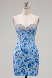Floral Sparkly Yellow Beaded Corset Tight Short Homecoming Dress