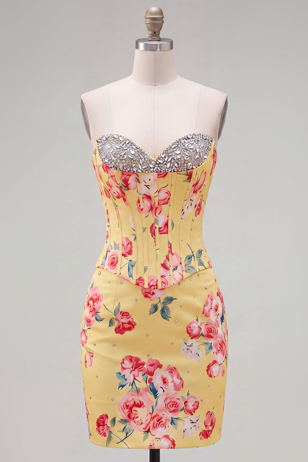 Floral Sparkly Yellow Beaded Corset Tight Short Homecoming Dress