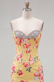 Floral Sparkly Yellow Beaded Corset Tight Short Homecoming Dress