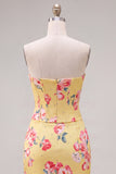 Floral Sparkly Yellow Beaded Corset Tight Short Homecoming Dress