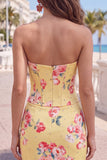 Floral Sparkly Yellow Beaded Corset Tight Short Homecoming Dress