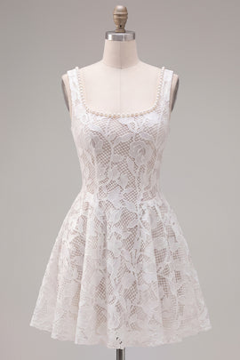 Floral White Lace Beaded Scoop Neck A-Line Short Homecoming Dress