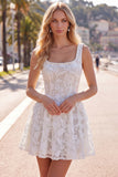 Floral White Lace Beaded Scoop Neck A-Line Short Homecoming Dress
