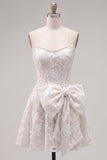 Floral White Lace Strapless A-Line Short Homecoming Dress with Bow