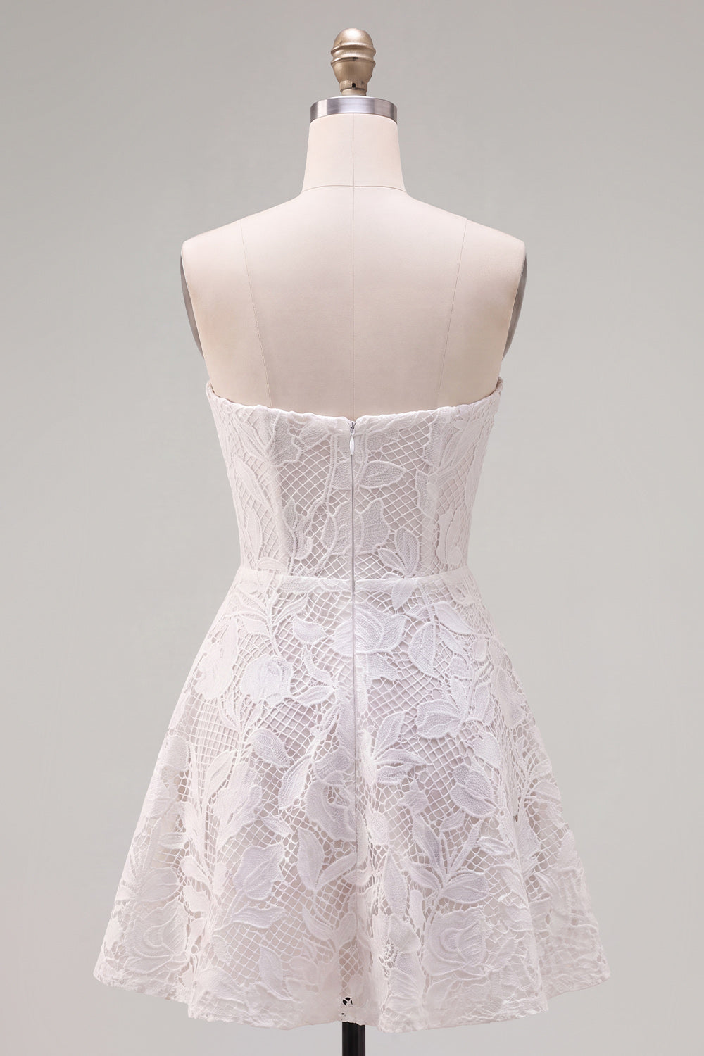 Floral White Lace Strapless A-Line Short Homecoming Dress with Bow