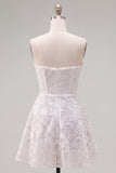 Floral White Lace Strapless A-Line Short Homecoming Dress with Bow