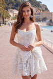 Floral White Lace Strapless A-Line Short Homecoming Dress with Bow