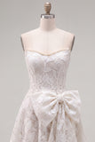 Floral White Lace Strapless A-Line Short Homecoming Dress with Bow